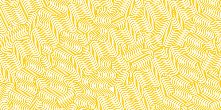 Curvy yellow lines. Ramen or noodle pattern. Pasta, tagliatelle or capellini background. Wavy spaghetti texture. Banner with traditional Italian, Chinese of Japanese food print. Vector illustration.