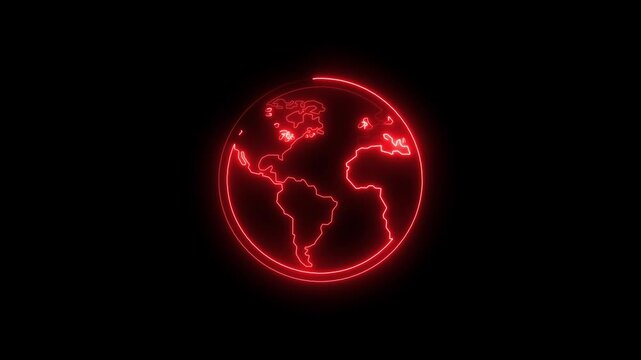 Glowing red neon earth globe animation rotating on black background, for global technology, and digital connectivity concepts
