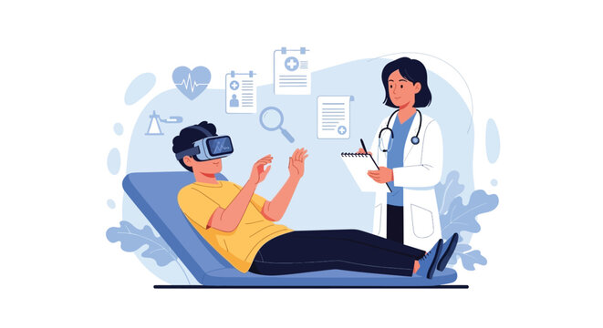Doctor treating patient wearing virtual reality headset for medical therapy and digital healthcare simulation using augmented technology in modern clinic.
