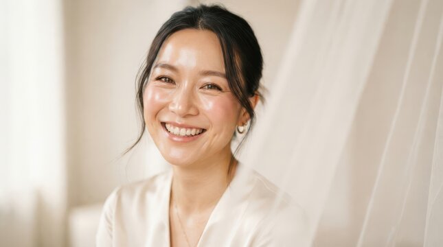 Portrait of a beautiful smiling asian bride in a silk robe