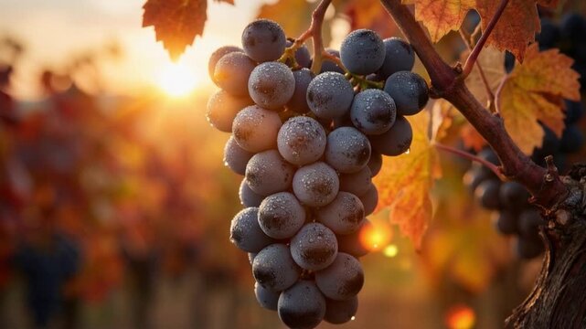 Ripe dark grapes with water droplets on vine in golden sunset light