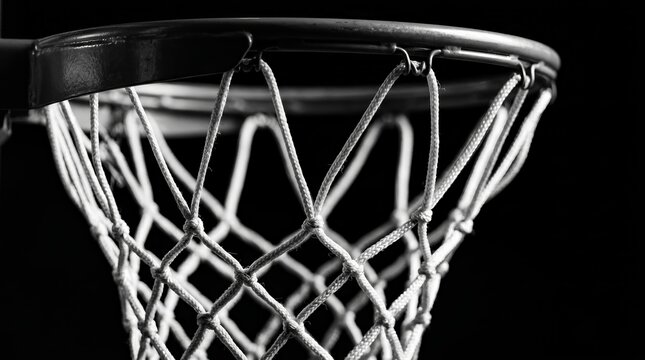 Monochrome basketball hoop and net captured in a dark close up shot