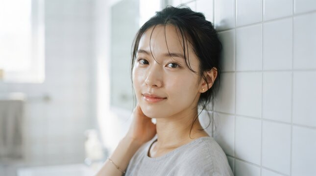 Portrait of a beautiful young asian woman with natural skin in a bathroom