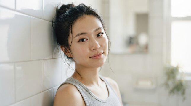 Young asian woman with natural makeup looking at camera in bathroom