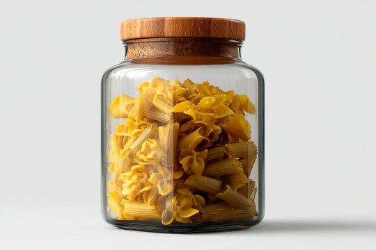 Isolated close up studio shot of mixed yellow italian pasta shapes stored inside a clear glass jar with a rustic wooden lid top stopper container accessory isolated on simple light gray backdrop.