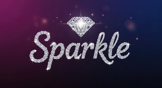 Sparkling diamond graphic with word sparkle text effect and bokeh background