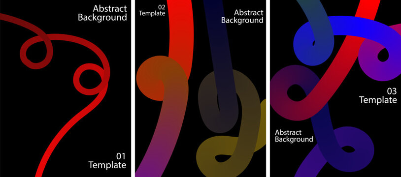 Set of three abstract backgrounds featuring colorful swirling lines and glowing gradient shapes on a black backdrop