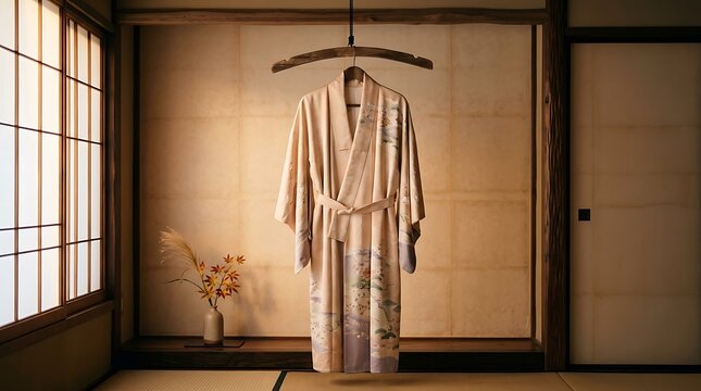 Traditional japanese kimono hanging in a serene washitsu room