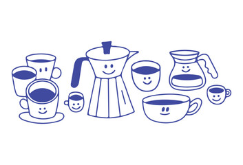 Kitchenware collection of blue smiling coffee pots and cups in doodle art style.
