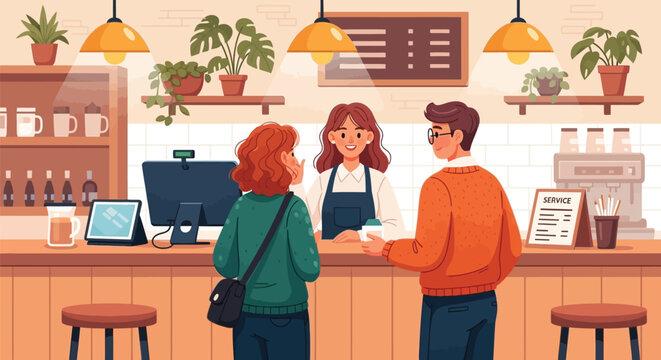 People ordering coffee at cafe counter with barista serving beverages in modern shop interior lifestyle flat vector design illustration for customer service.