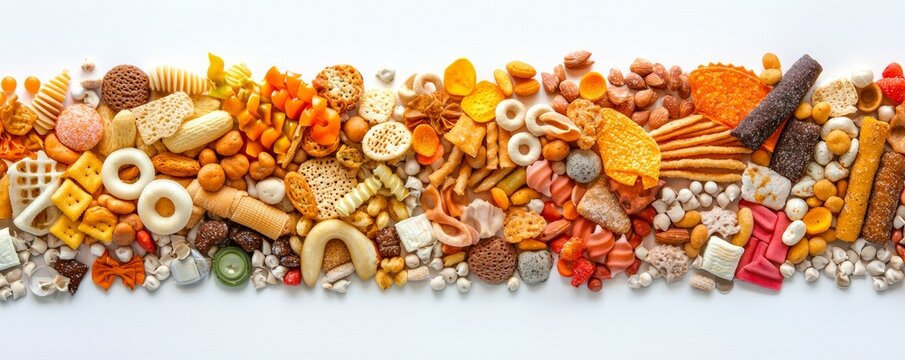 Junk Food Mosaic: Abstract Depiction of Ultra-Processed Snacks, Unhealthy Eating Habits Visualization