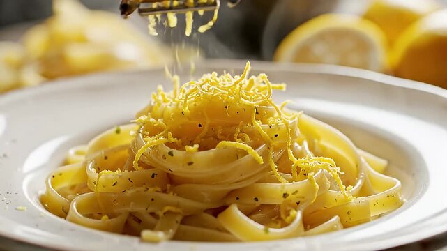 Grated lemon zest falling on fresh pasta with sauce