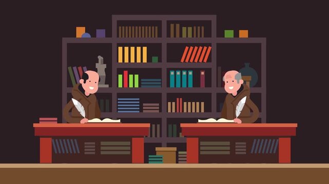 2D Animated Senior Elderly Men Reading Books at Wooden Desks in Classic Library Interior Flat Vector Character Animation Footage