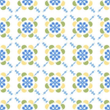 Seamless Scandinavian Folk Floral Pattern with Blue Flowers and Geometric Ornament