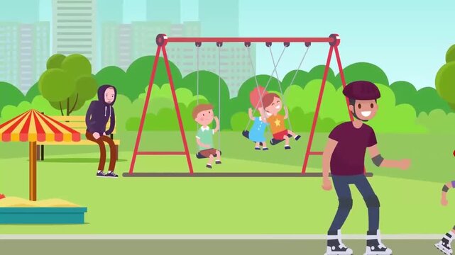 2D Animated Families and Children Playing Cycling and Swinging in City Park Flat Vector Character Animation Footage