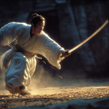Samurai mid-strike with a trailing light arc / dynamic action photo
