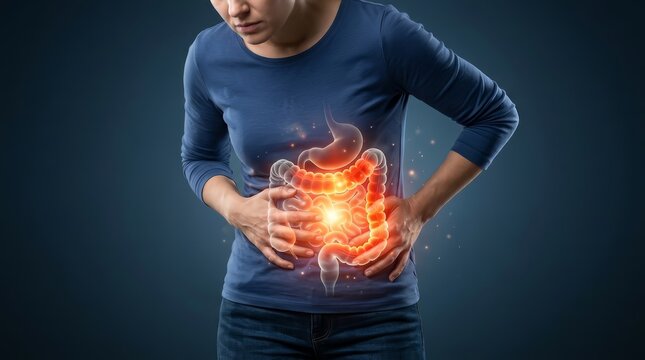 Concept of digestive health issues and colon pain in a woman with an illuminated intestine.