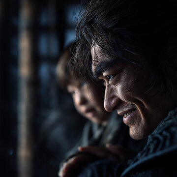 Two ferocious samurai grappling in close combat / cinematic still
