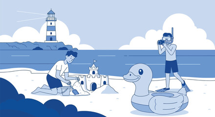 Young people enjoying summer vacation activities on sandy beach with lighthouse in background building sandcastles and taking underwater photos with mask.