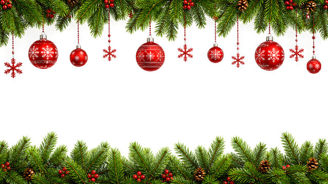 Christmas border with red ornaments and green pine branches