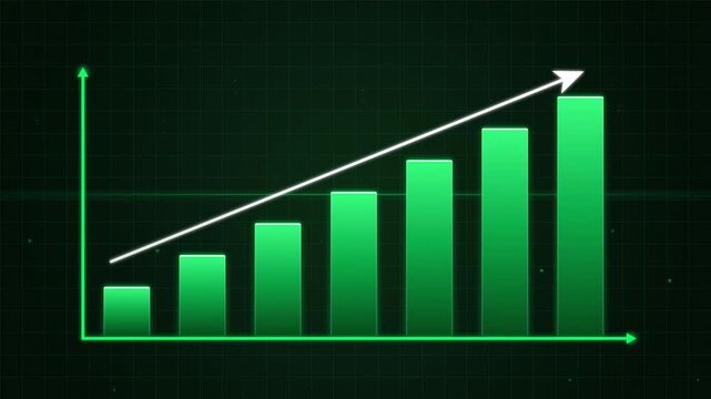 3D Animated Green Glowing Business Growth Bar Chart with Rising Arrow