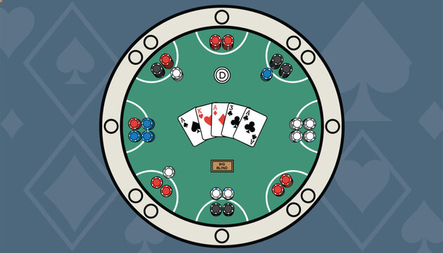 Top view of a circular green poker table showing playing cards and colored chips for a casino gambling game.