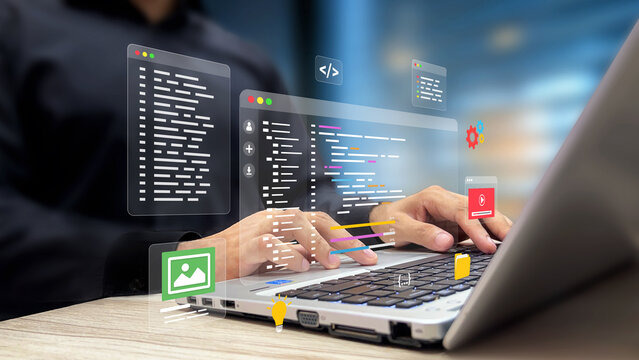 Web Application Development, Software Engineering and Code Editor Concept. Developer Writing Code on Laptop Virtual Screen. Coding, Programming, Multitasking in Coding and UX-UI Designing Interface