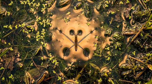 Water strider walking on a pond surface surrounded by duckweed