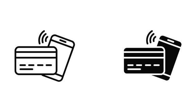 Contactless payment concept icon set with credit card and smartphone symbols in outline and solid styles for mobile banking and digital wallet financial technology service platforms