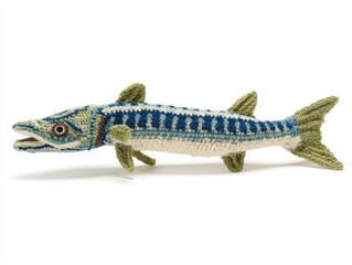 Fototapeta premium Handmade Crocheted Barracuda Fish Plushie On A Clean White Background Highlighting Texture Details