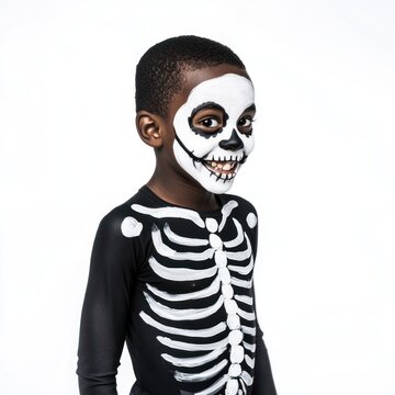 Child in skeleton costume smiling.