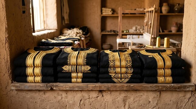 Traditional black robes with gold embroidery in artisan workshop