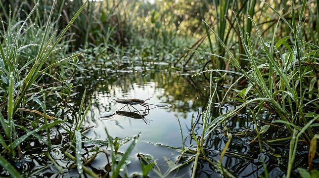 Water strider gliding on still pond surface with dewy grass
