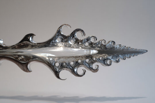 Intricate macro detail of a polished metallic silver spear blade head with wave curves holes and patterns, abstract fantasy weapon sculpture craftsmanship design isolated on clean background.
