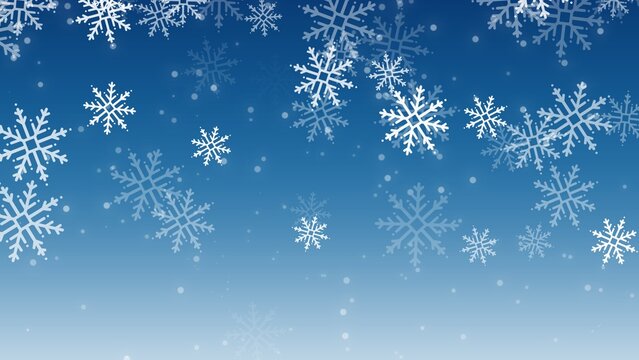 Winter snowflake background presentation with falling white snow crystals on blue gradient sky
