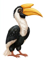 Obraz premium Illustration Of A Tropical Hornbill Bird With A Large Yellow Beak On A Plain White Background