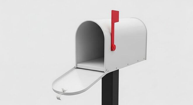 A white, open mailbox with a raised red flag, on a black post, against a white backdrop