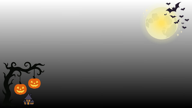 Spooky halloween night background presentation with full moon bats haunted house and jack o lantern