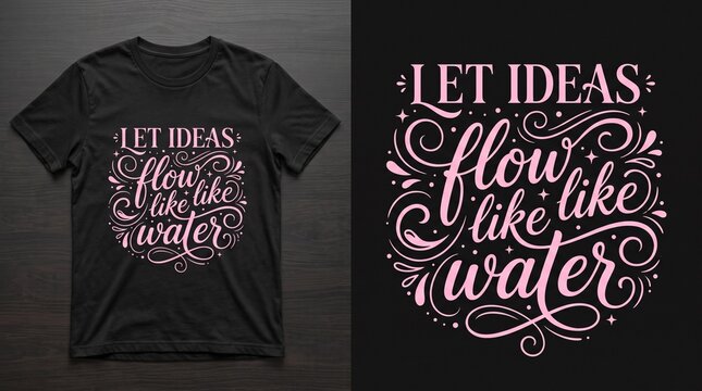 T-shirt display showing a creative typographic design with flowing script lettering on a dark wood surface.