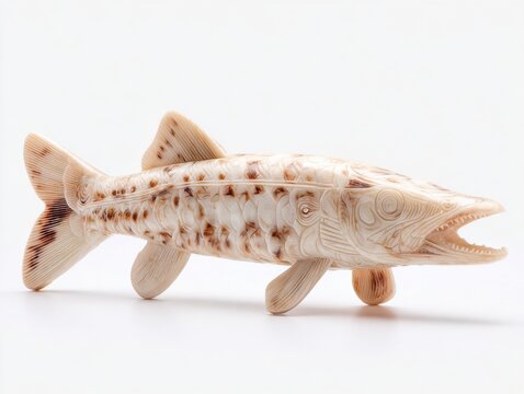 Intricate Carved Bone Fish Sculpture With Spotted Details On A Clean White Background