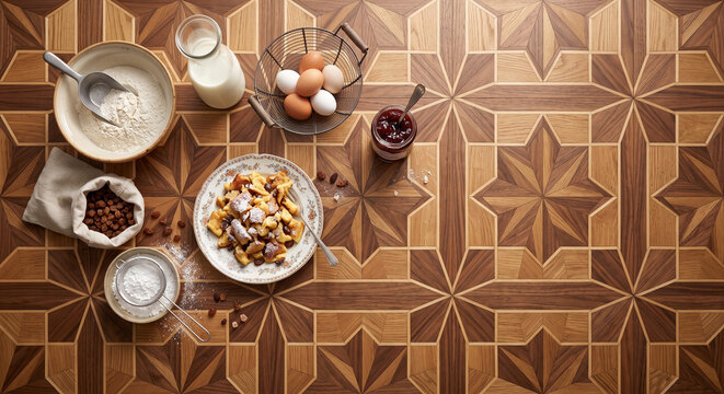 Top down flat lay of Austrian Kaiserschmarrn pancake ingredients on parquetry floor