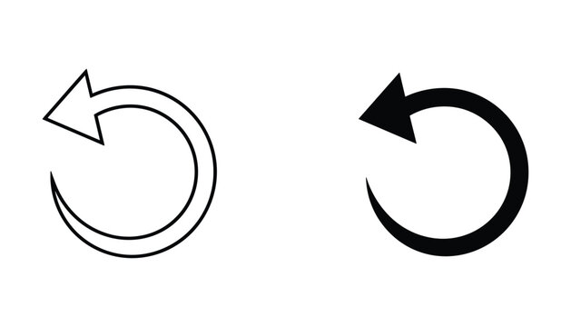 Refresh circular arrow icon set with counterclockwise rotation in outline and solid black styles for website loading and interface reload button design on white background