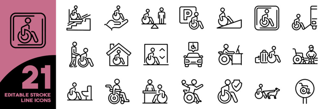 Set of 21 outline icons related to wheelchair. Linear icon collection. Editable stroke. Vector illustration