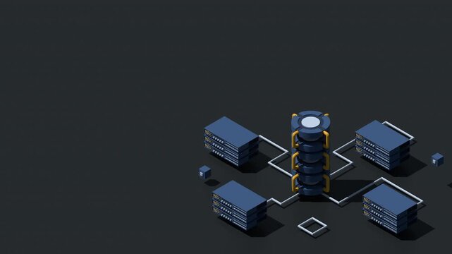 3D isometric cloud database animation. Database with cloud server. Cloud storage. Data transmission technology. Isometric technology. 4K video animated in isometric style