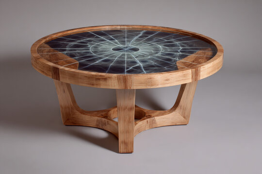 Modern luxury round wooden coffee table with creative epoxy resin art top inlay featuring glowing electric lightning pattern design, contemporary furniture woodwork isolated on grey background.