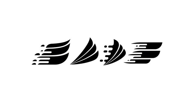 Black stylized wing symbols depicting speed and motion in various designs
