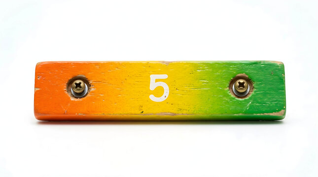 Colorful wooden toy block with number five isolated on white