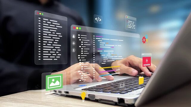 Web Application Development, Software Engineering and Code Editor Concept. Developer Writing Code on Laptop Virtual Screen. Coding, Programming, Multitasking in Coding and UX-UI Designing Interface