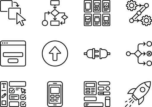 Modern UI UX design icons set, web development and app interface thin line vector elements, software engineering workflow and startup launch symbols