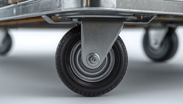 Close-up of a heavy-duty industrial trolley wheel with rubber tire and metal frame